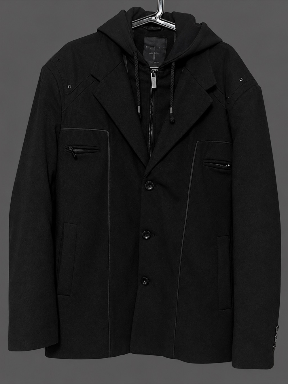 Stockhomme Men's Black 50% Wool Blend Hooded Tailored Coat with Zip Layer